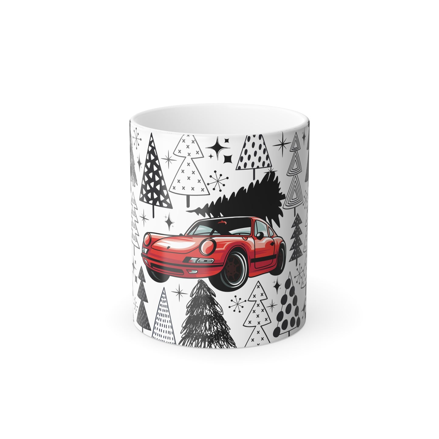 Christmas Porsche Color Morphing Mug - 11oz with Red Car and Tree Design