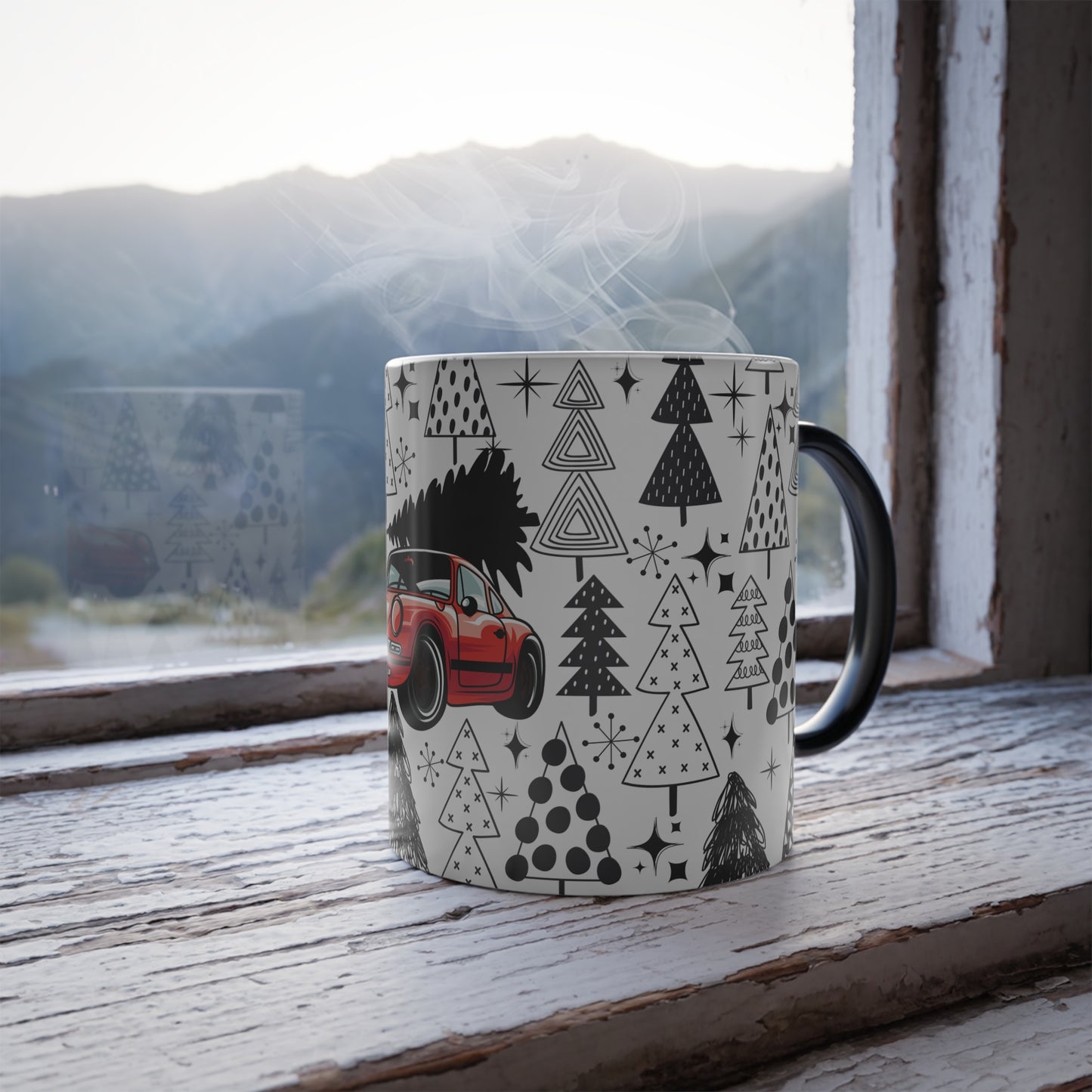Christmas Porsche Color Morphing Mug - 11oz with Red Car and Tree Design