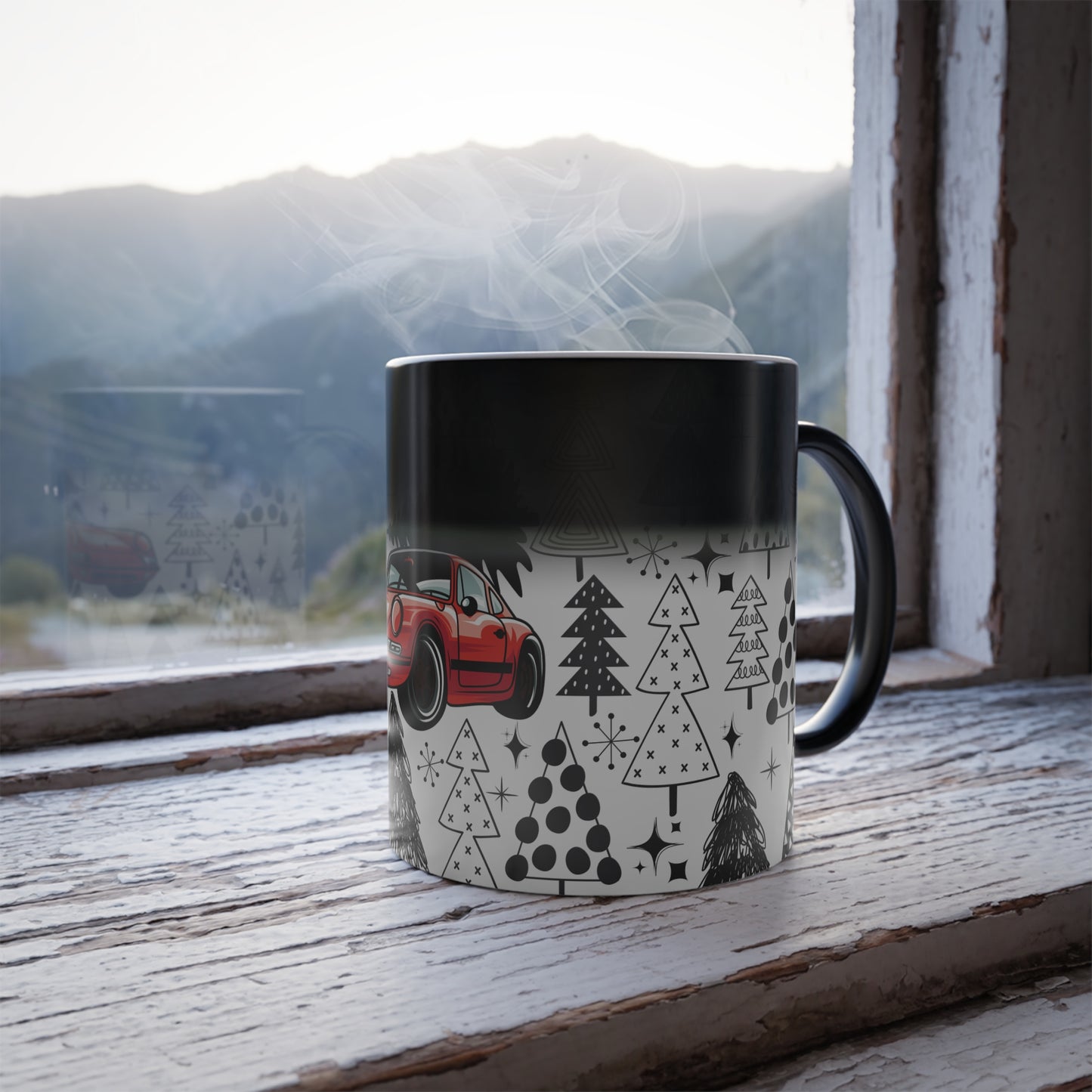 Christmas Porsche Color Morphing Mug - 11oz with Red Car and Tree Design