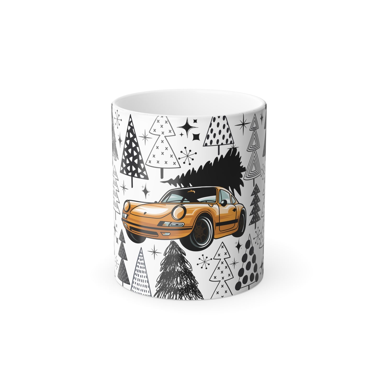 Christmas Porsche Color Morphing Mug - 11oz with Orange Car and Tree Design
