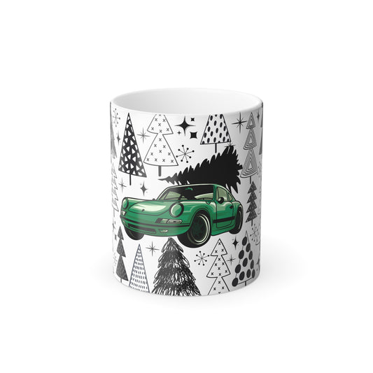 Green Christmas Porsche Color Morphing Mug - 11oz with Green Car and Tree Design