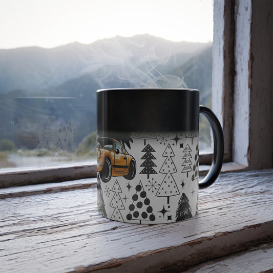 Christmas Porsche Color Morphing Mug - 11oz with Orange Car and Tree Design