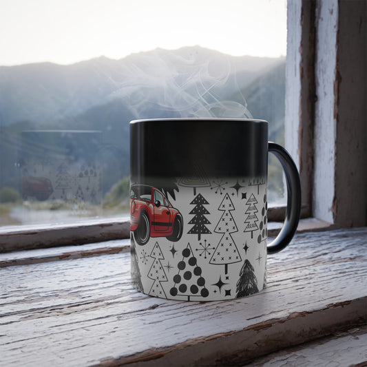 Christmas Porsche Color Morphing Mug - 11oz with Red Car and Tree Design