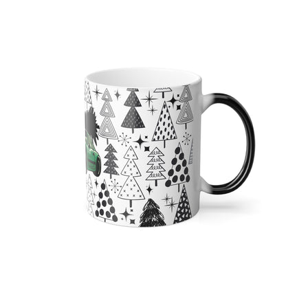 Green Christmas Porsche Color Morphing Mug - 11oz with Green Car and Tree Design