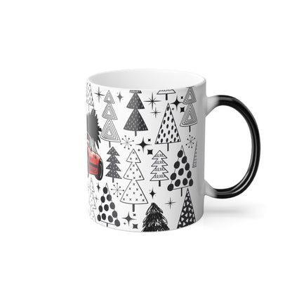 Christmas Porsche Color Morphing Mug - 11oz with Red Car and Tree Design